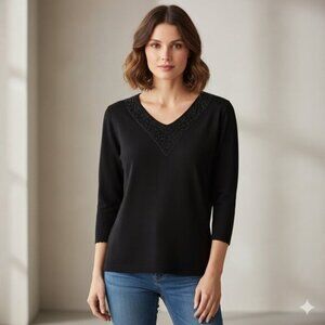 Vintage 90s Dolce Bella Wool Sequin Embroidery Sweater Black Scalloped Hem L